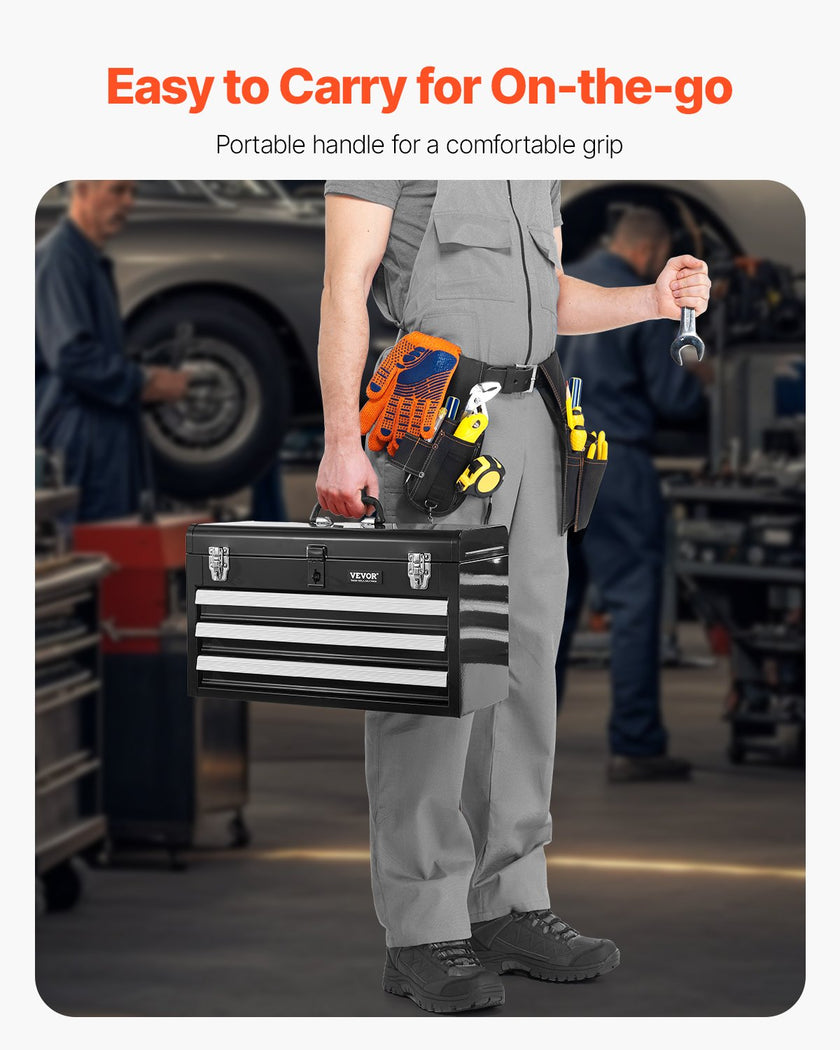VEVOR Tool Box 20.5-inch Portable Metal Tool Box with 3 Drawers Tool Organizer