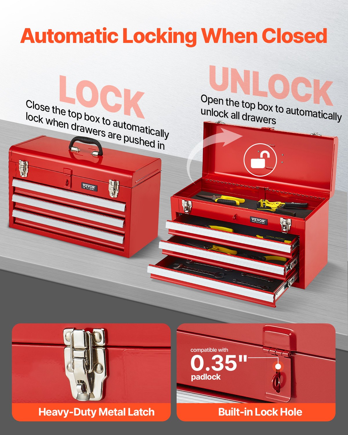 VEVOR Tool Box 20.5-inch Portable Metal Tool Box 3 Drawers Tool Organizer Red