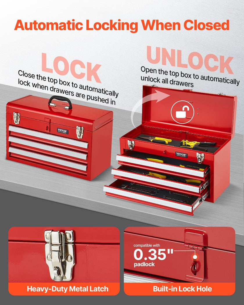 VEVOR Tool Box 20.5-inch Portable Metal Tool Box 3 Drawers Tool Organizer Red