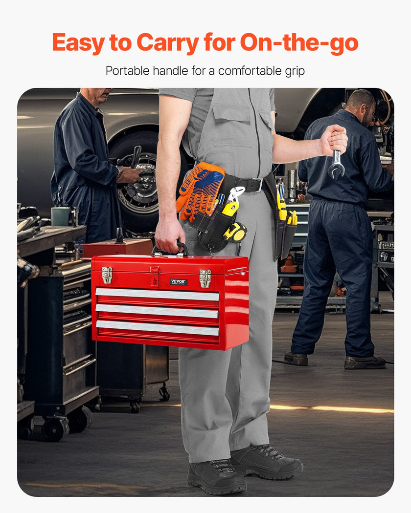 VEVOR Tool Box 20.5-inch Portable Metal Tool Box 3 Drawers Tool Organizer Red