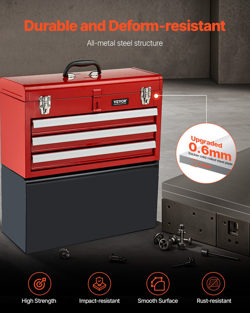VEVOR Tool Box 20.5-inch Portable Metal Tool Box 3 Drawers Tool Organizer Red