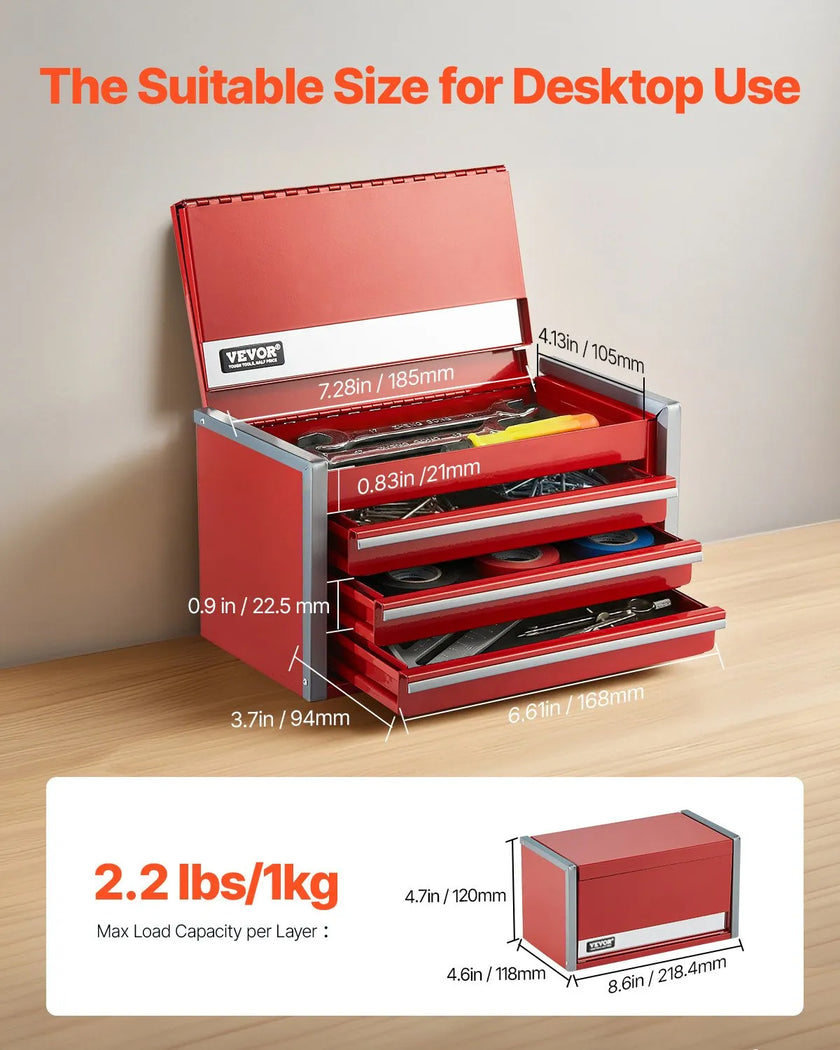 VEVOR Tool Box 8.6-inch Portable Metal Tool Box 3 Drawers Tool Organizer Red