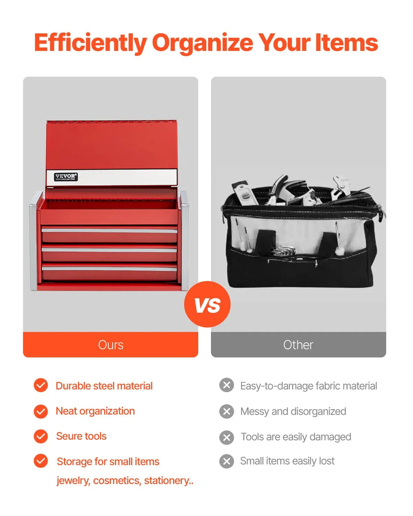 VEVOR Tool Box 8.6-inch Portable Metal Tool Box 3 Drawers Tool Organizer Red