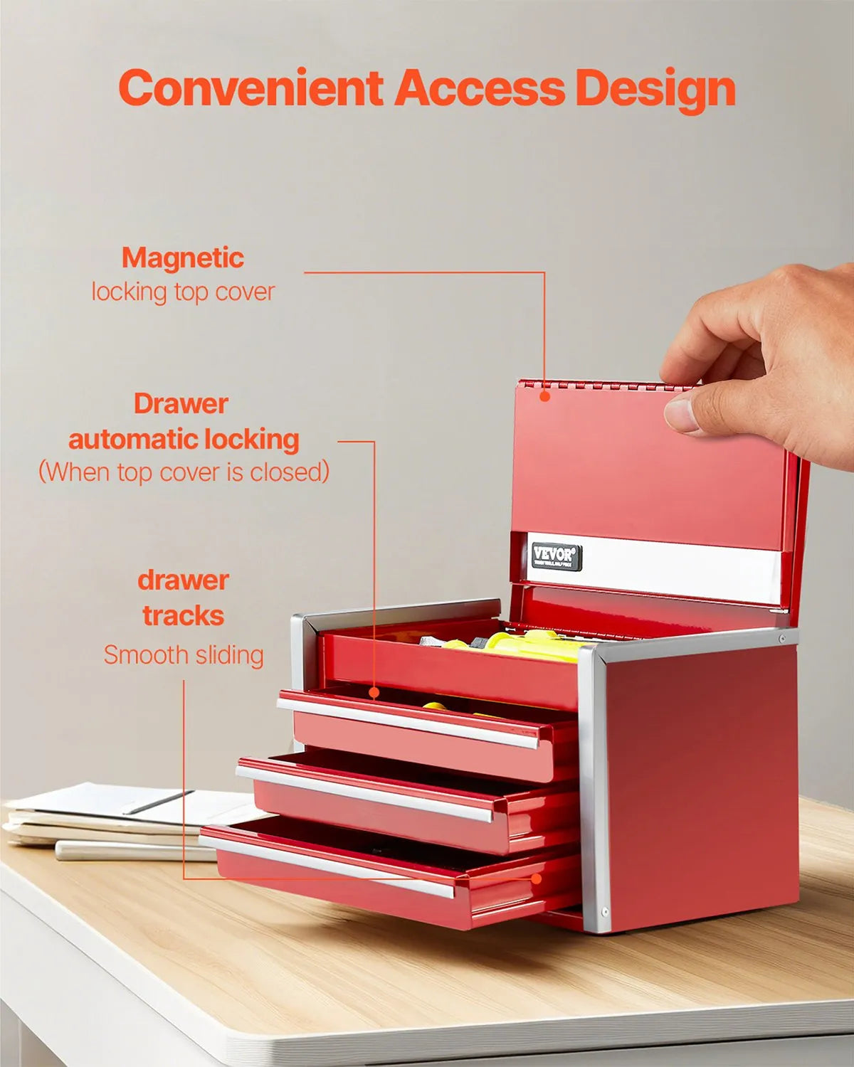 VEVOR Tool Box 8.6-inch Portable Metal Tool Box 3 Drawers Tool Organizer Red