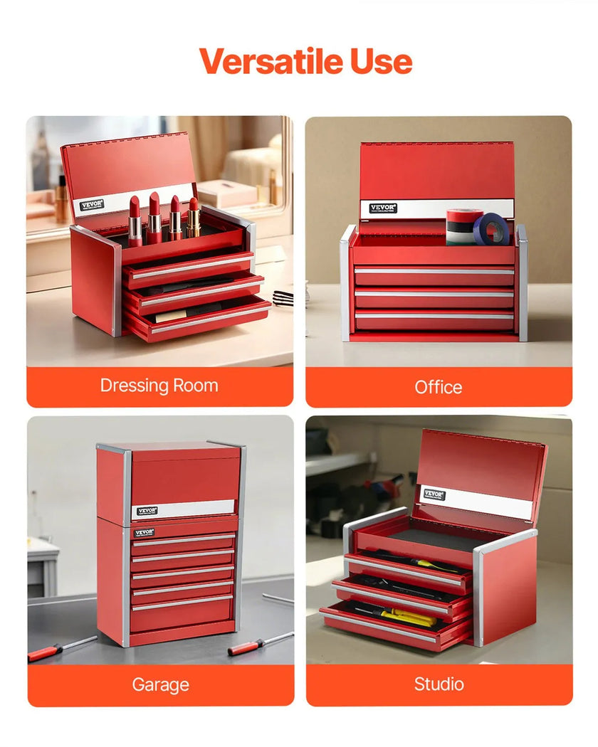 VEVOR Tool Box 8.6-inch Portable Metal Tool Box 3 Drawers Tool Organizer Red