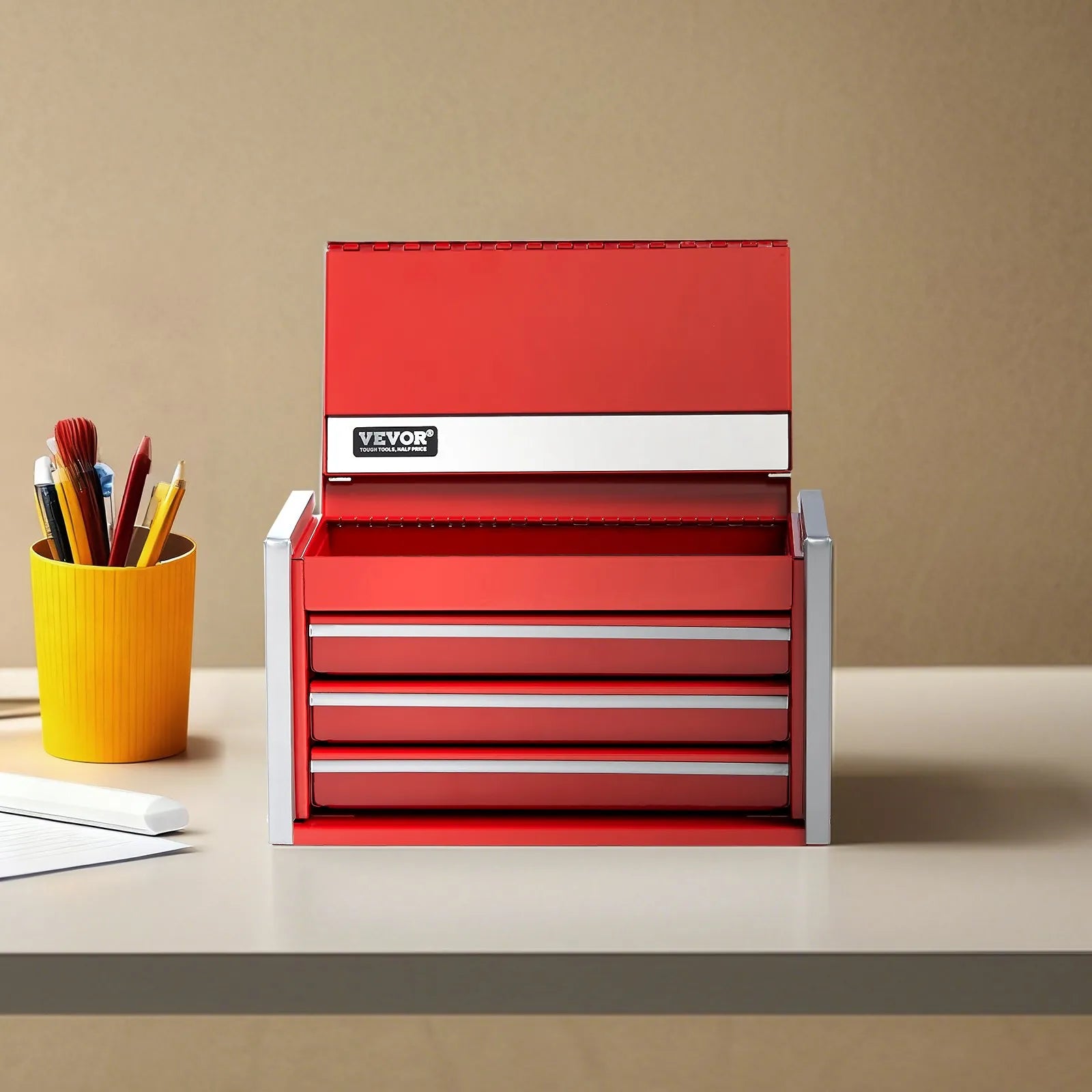 VEVOR Tool Box 8.6-inch Portable Metal Tool Box 3 Drawers Tool Organizer Red