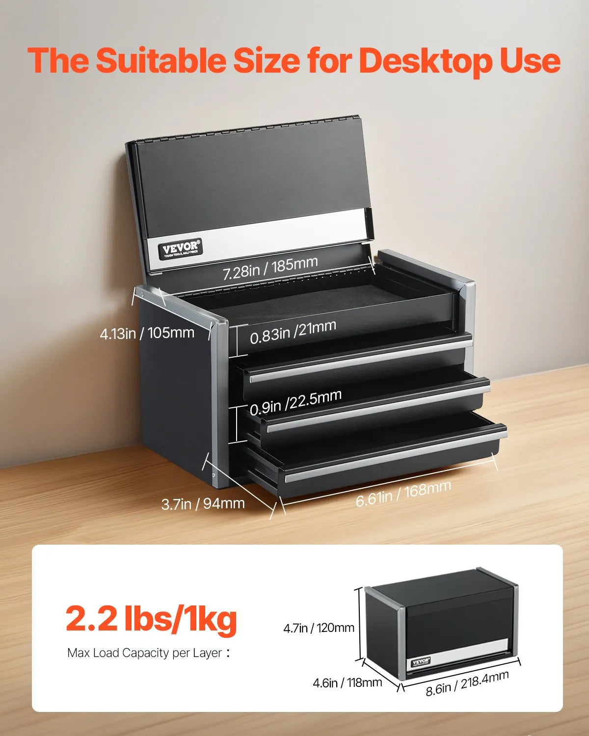 VEVOR Tool Box 8.6-inch Portable Metal Tool Box with 3 Drawers Tool Organizer