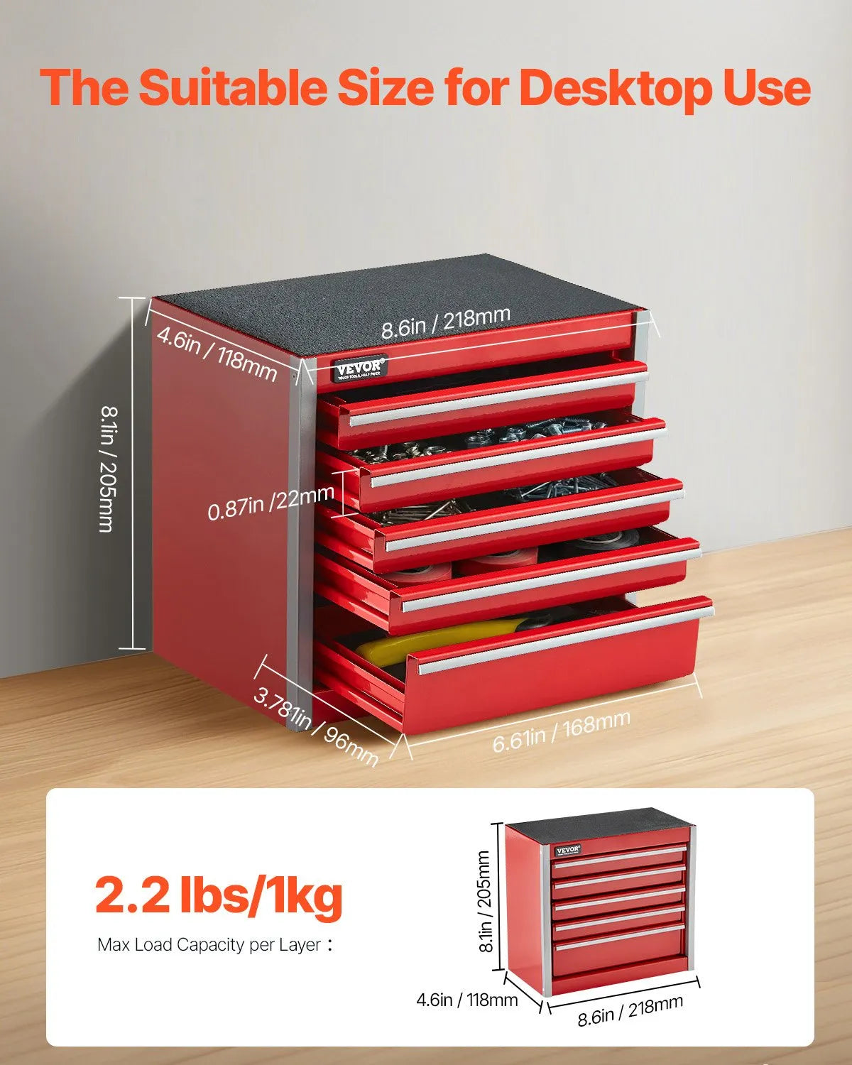 VEVOR Tool Box 8.6-inch Portable Metal Tool Box 5 Drawers Tool Organizer Red