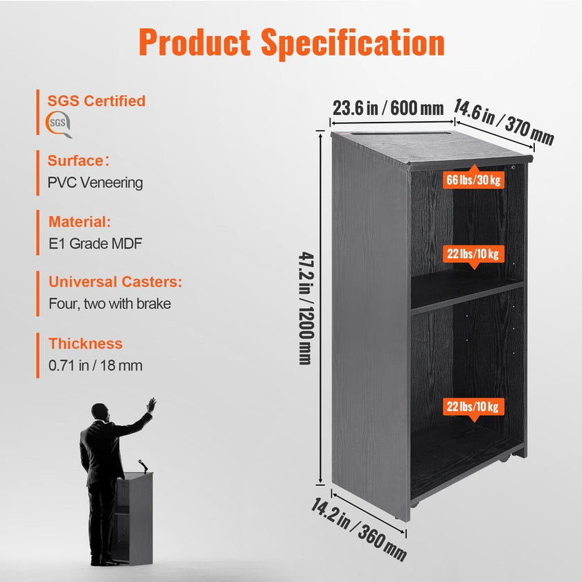 VEVOR Podium Stand, 47 in Hostess Stand with 4 Rolling Wheels, Wood Podium with Storage Shelves, and Slant Desktop, Lecterns & Podiums for Church, Office, School, Home, Black