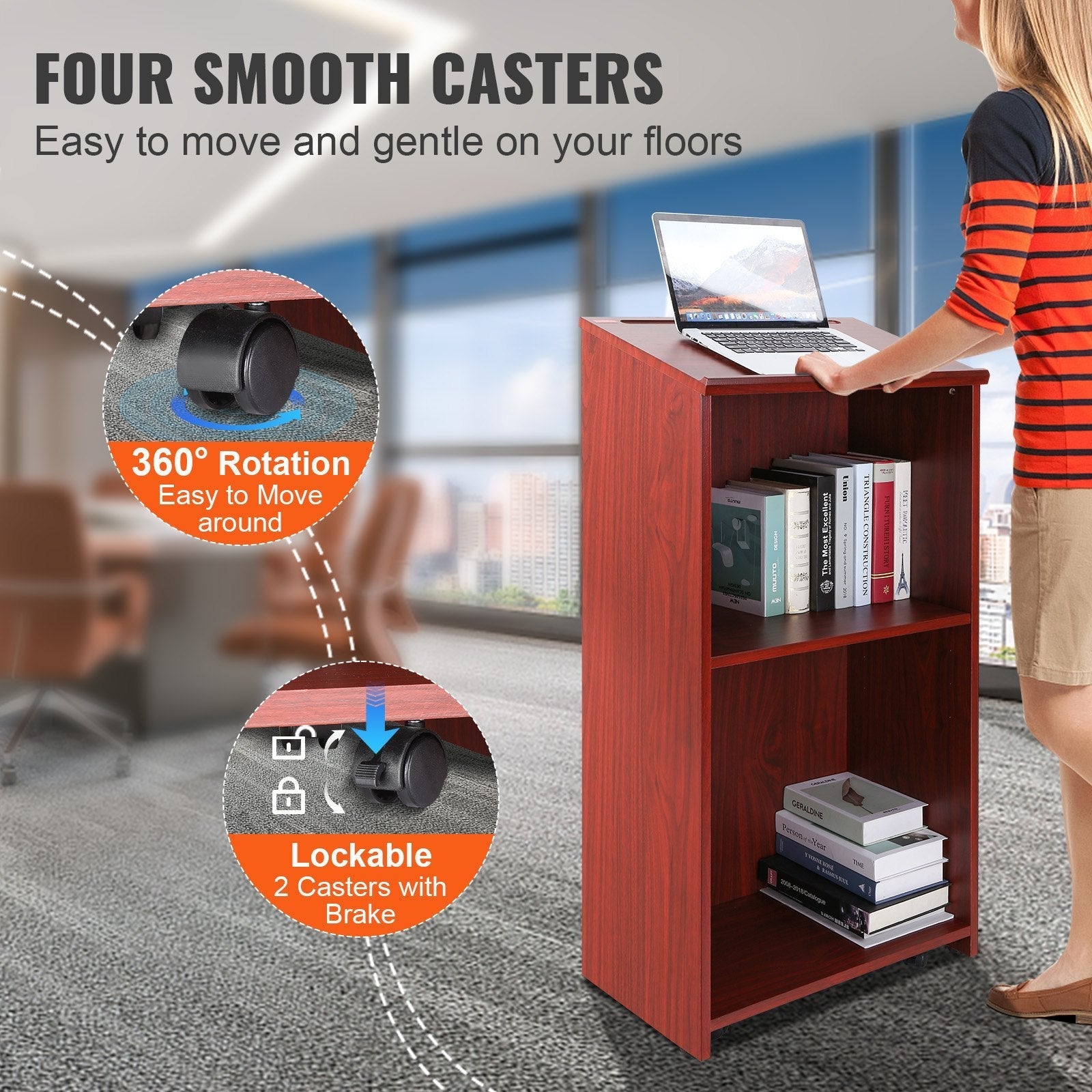 VEVOR Podium Stand, 47 in Hostess Stand with 4 Rolling Wheels, Wood Podium with Storage Shelves, and Slant Desktop, Lecterns & Podiums for Church, Office, School, Home, Brown