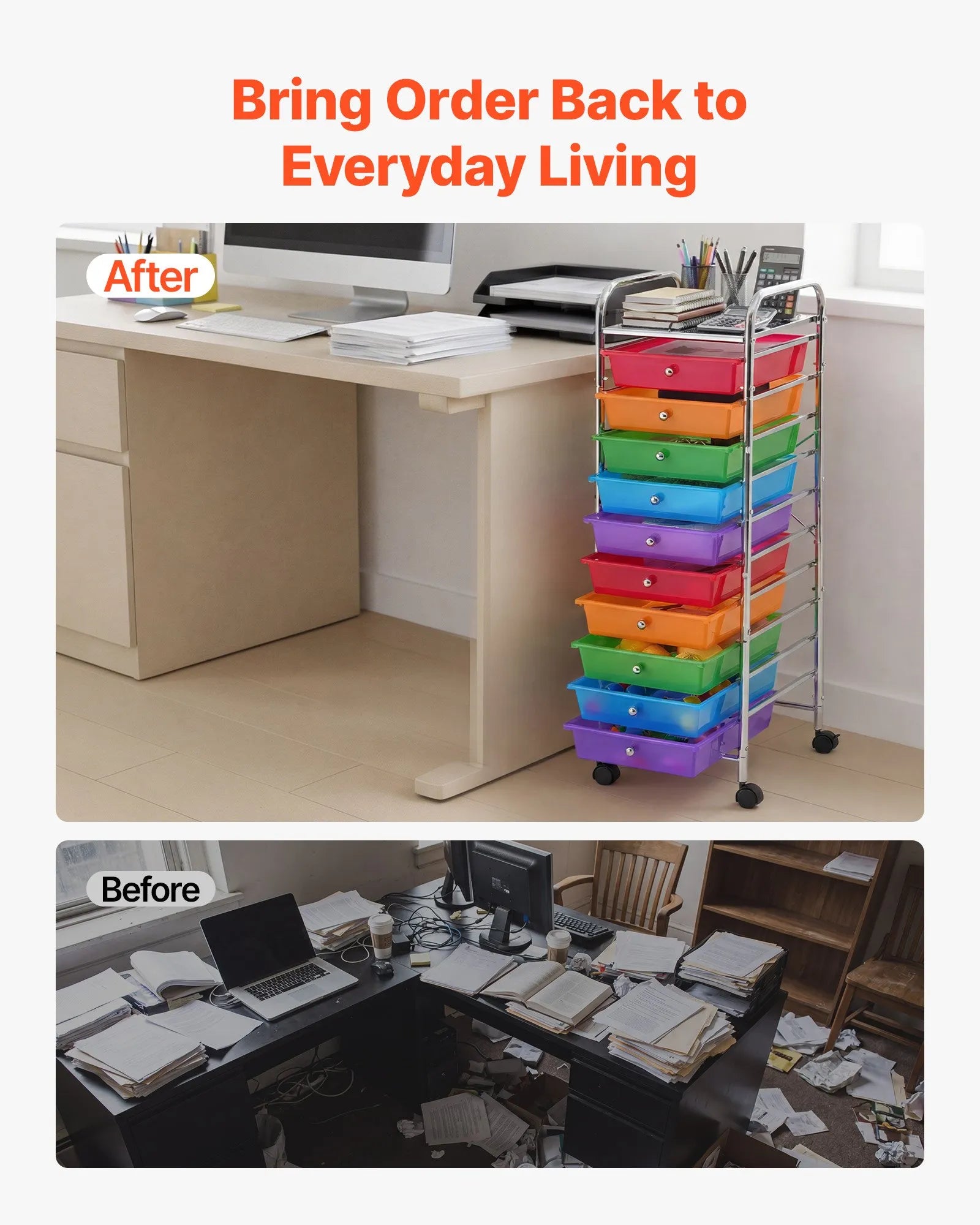 10-Drawer Rolling Storage Cart with Rainbow Drawers & Locking Casters