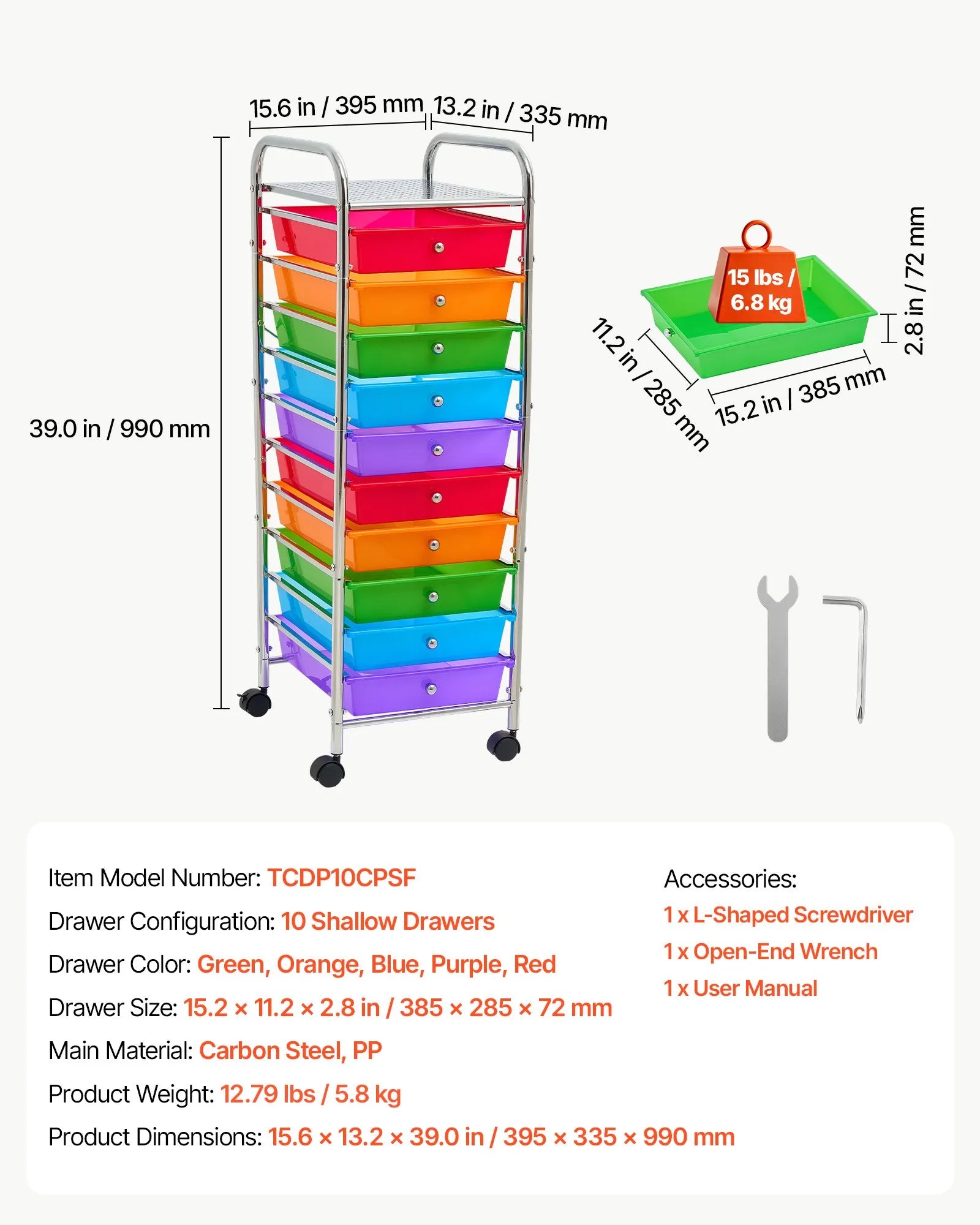 10-Drawer Rolling Storage Cart with Rainbow Drawers & Locking Casters