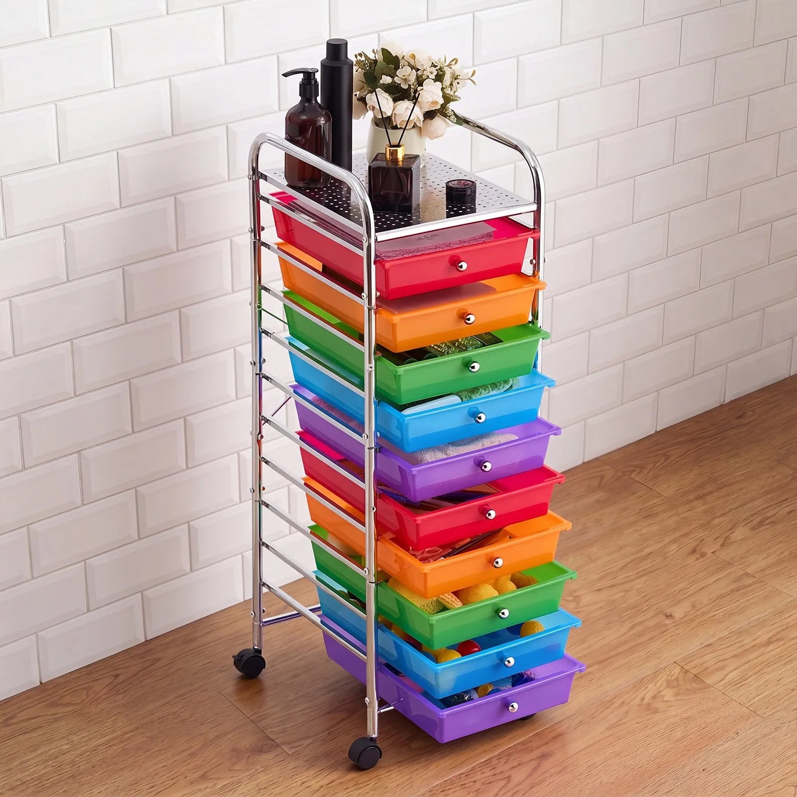 10-Drawer Rolling Storage Cart with Rainbow Drawers & Locking Casters