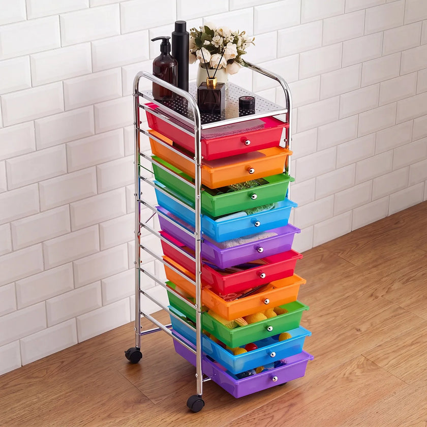 10-Drawer Rolling Storage Cart with Rainbow Drawers & Locking Casters