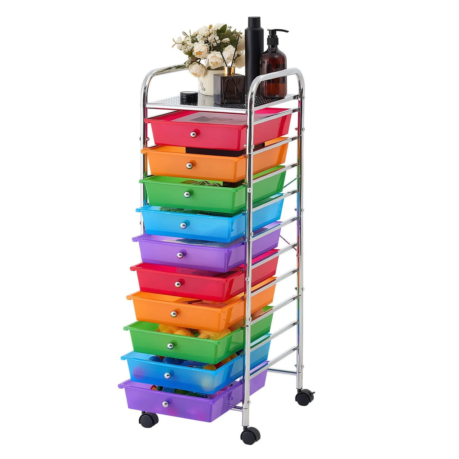 10-Drawer Rolling Storage Cart with Rainbow Drawers & Locking Casters