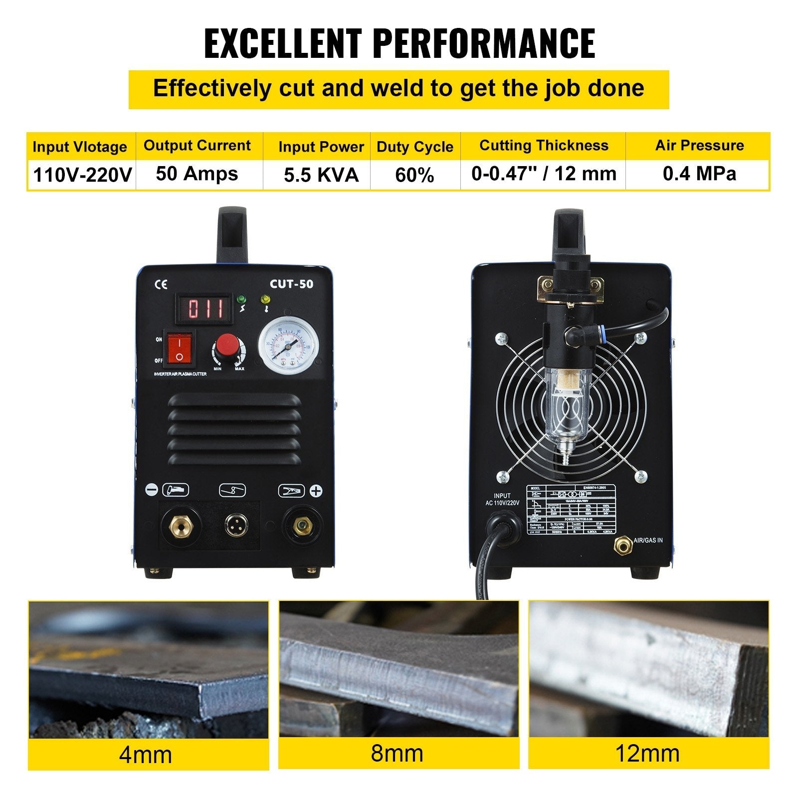 VEVOR Plasma Cutter, CUT-50 Air Inverter Plasma Cutter, 50A Plasma Cutting Machine, Max Cutting Thickness 0.47\