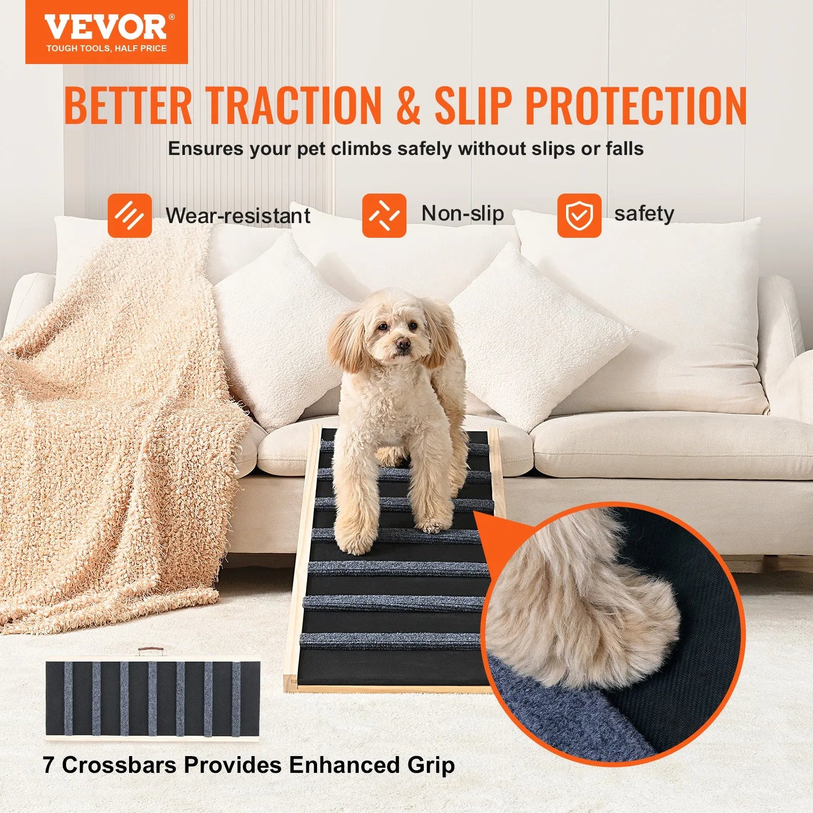 VEVOR Dog Ramp, Folding Pet Ramp for Bed, Adjustable Dog Ramp for Small, Large, Old Dogs & Cats, Wooden Pet Ramp with 39.3