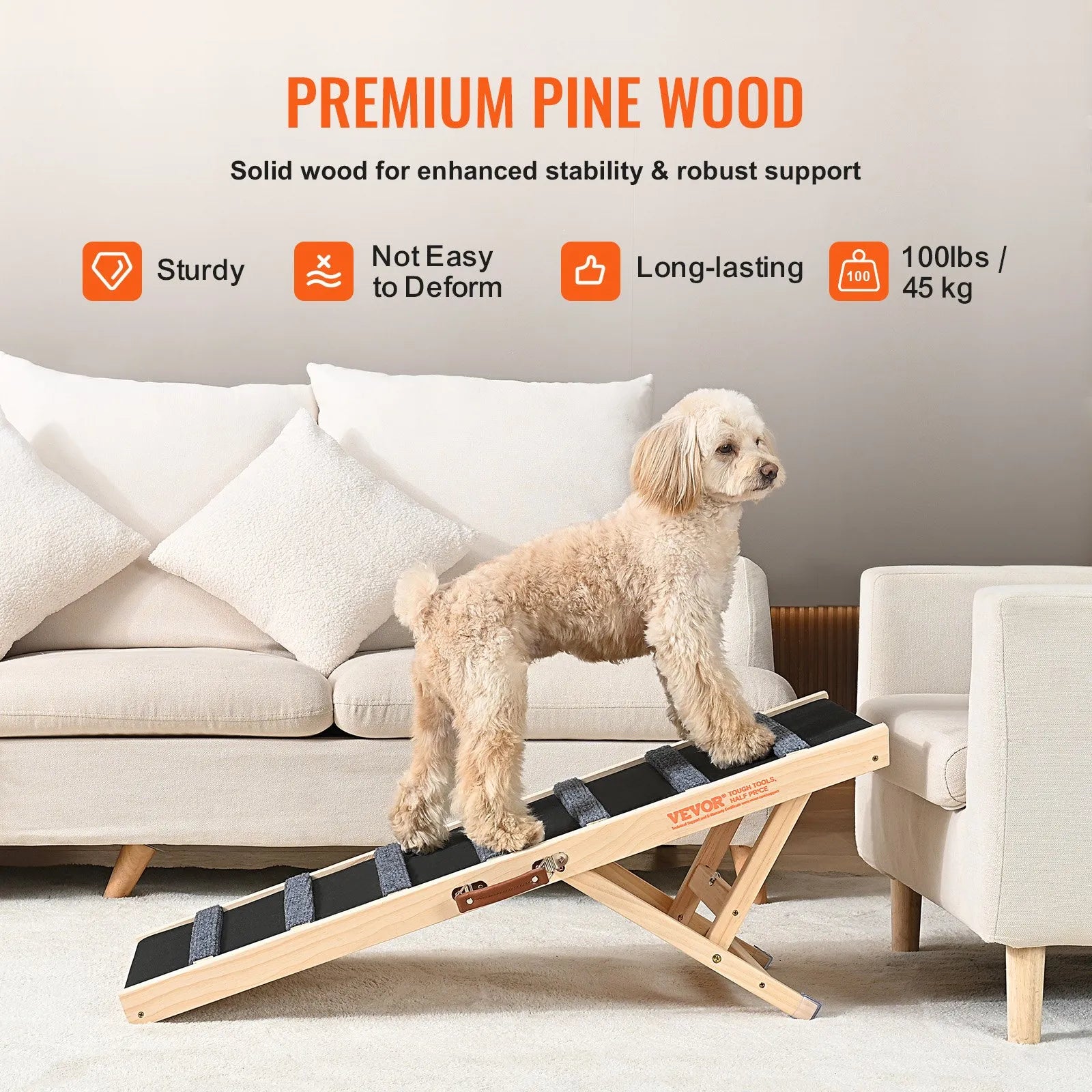 VEVOR Dog Ramp, Folding Pet Ramp for Bed, Adjustable Dog Ramp for Small, Large, Old Dogs & Cats, Wooden Pet Ramp with 39.3