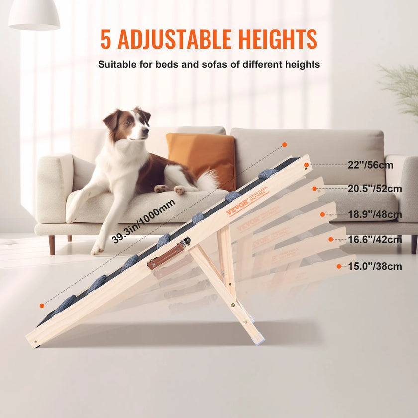 VEVOR Dog Ramp, Folding Pet Ramp for Bed, Adjustable Dog Ramp for Small, Large, Old Dogs & Cats, Wooden Pet Ramp with 39.3