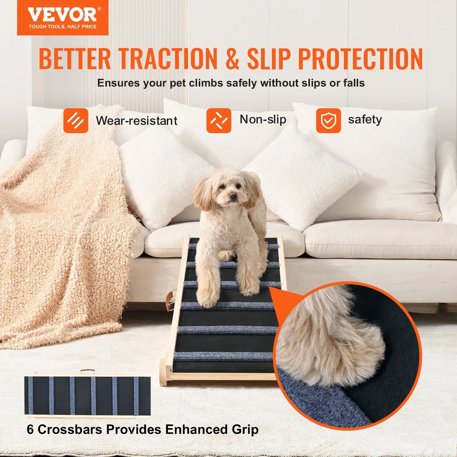 VEVOR Dog Ramp, Folding Pet Ramp for Bed, Adjustable Dog Ramp for Small, Large, Old Dogs & Cats, Wooden Pet Ramp with 41.3