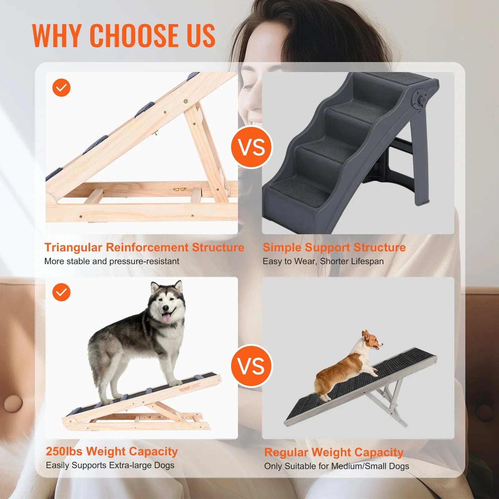 VEVOR Dog Ramp, Folding Pet Ramp for Bed, Adjustable Dog Ramp for Small, Large, Old Dogs & Cats, Wooden Pet Ramp with 41.3