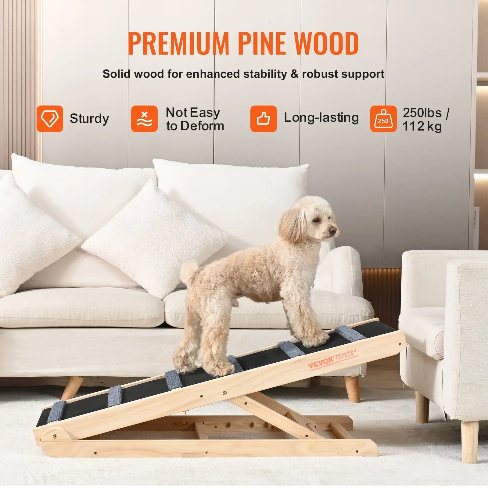 VEVOR Dog Ramp, Folding Pet Ramp for Bed, Adjustable Dog Ramp for Small, Large, Old Dogs & Cats, Wooden Pet Ramp with 41.3