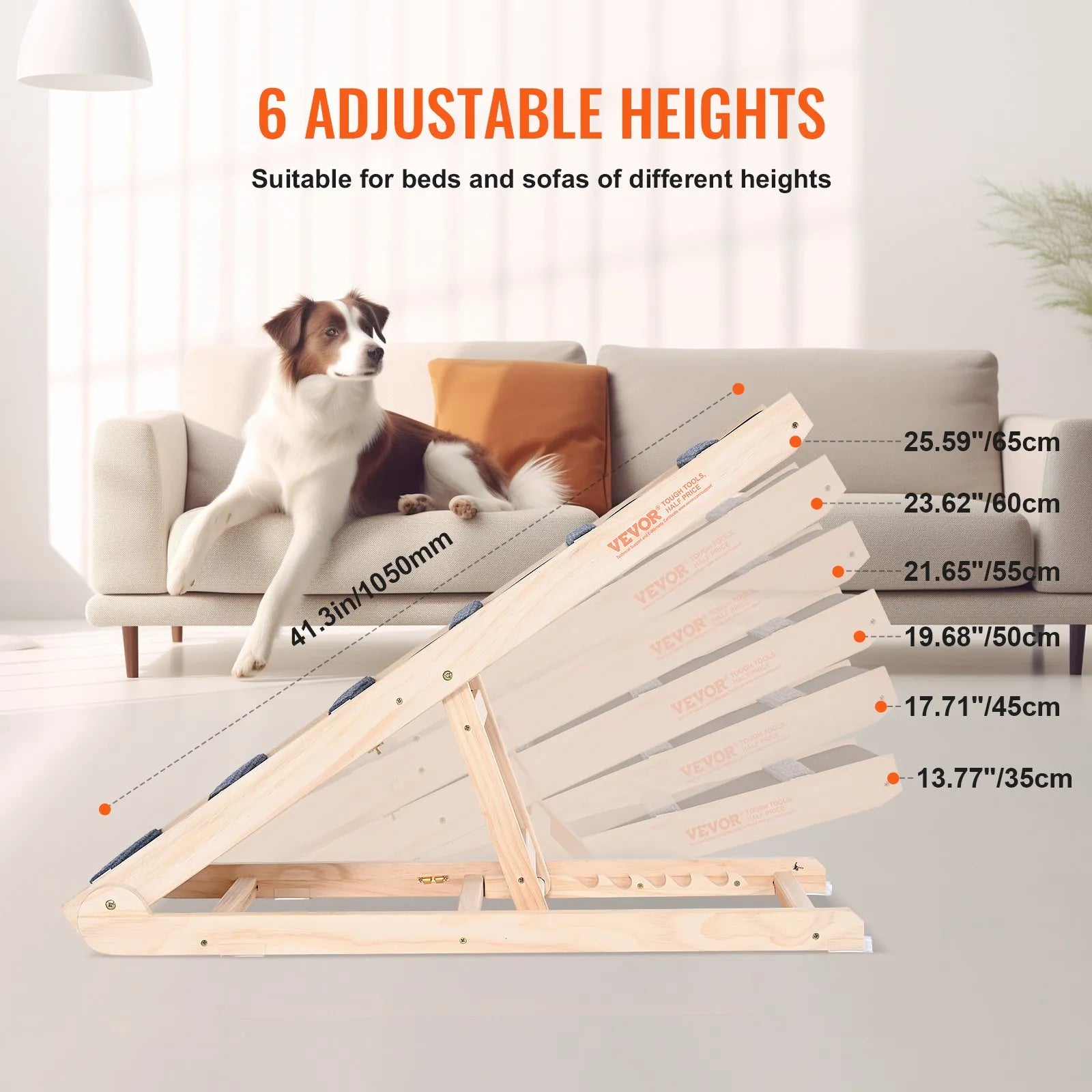 VEVOR Dog Ramp, Folding Pet Ramp for Bed, Adjustable Dog Ramp for Small, Large, Old Dogs & Cats, Wooden Pet Ramp with 41.3