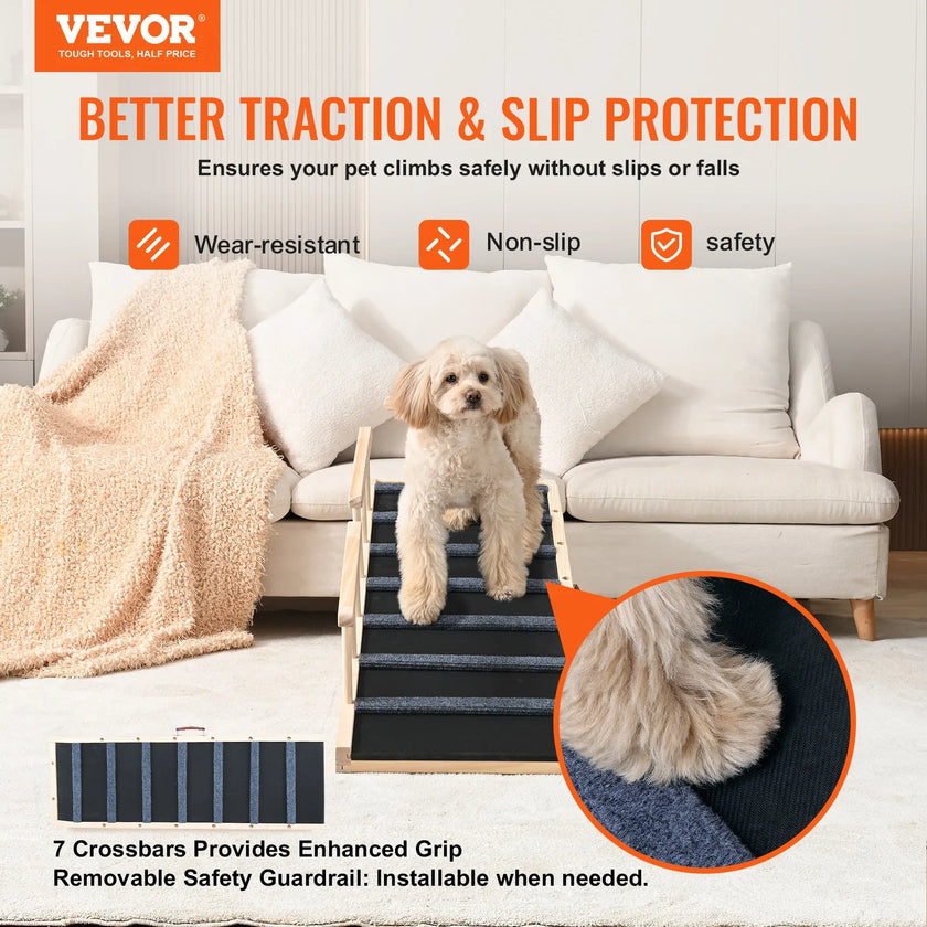 VEVOR Dog Ramp, Folding Pet Ramp for Bed, Adjustable Dog Ramp for Small, Large, Old Dogs & Cats, Wooden Pet Ramp with 47.2