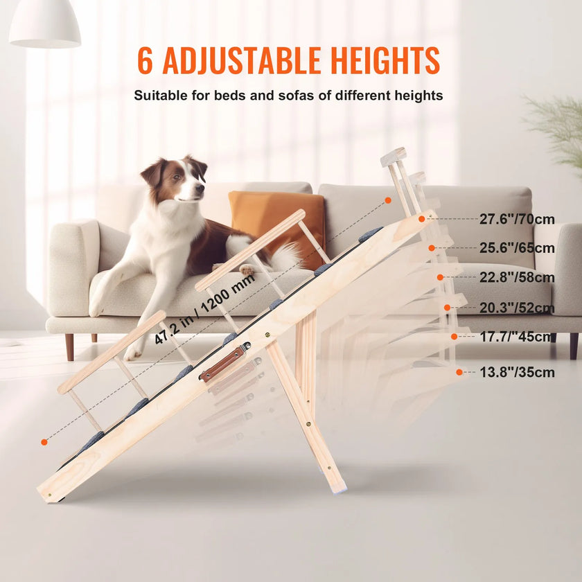 VEVOR Dog Ramp, Folding Pet Ramp for Bed, Adjustable Dog Ramp for Small, Large, Old Dogs & Cats, Wooden Pet Ramp with 47.2