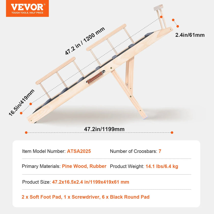 VEVOR Dog Ramp, Folding Pet Ramp for Bed, Adjustable Dog Ramp for Small, Large, Old Dogs & Cats, Wooden Pet Ramp with 47.2