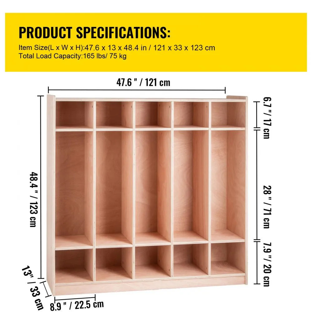 VEVOR Preschool Cubby Lockers 5-Section Plywood Birch Coat Locker 15MM Thickness Kids Locker for Home 48.4 Inch High Durable Classroom Lockers for Toddlers and Kids Commercial or Personal Use