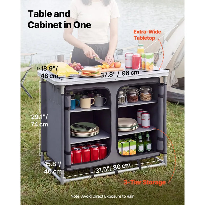 VEVOR Portable Camping Storage Cabinet & Outdoor Kitchen Table with 6 Shelves and Carry Bag