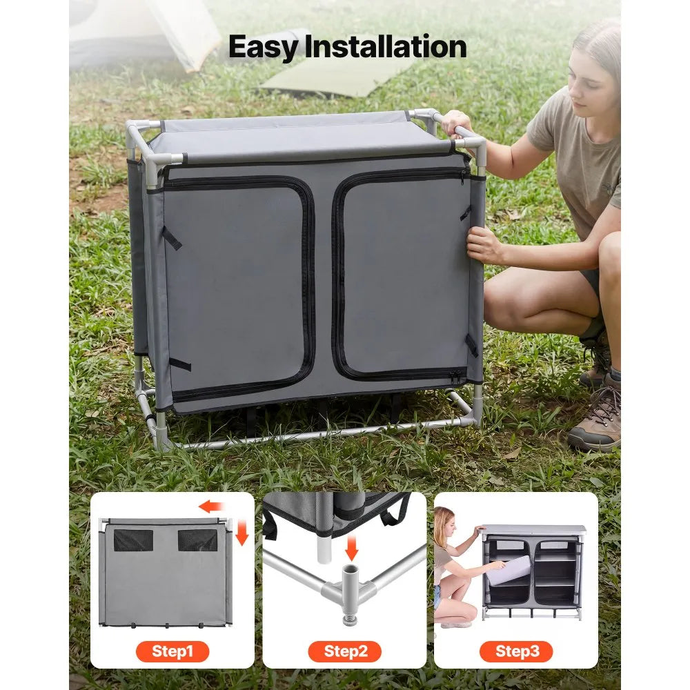 VEVOR Portable Camping Storage Cabinet & Outdoor Kitchen Table with 6 Shelves and Carry Bag