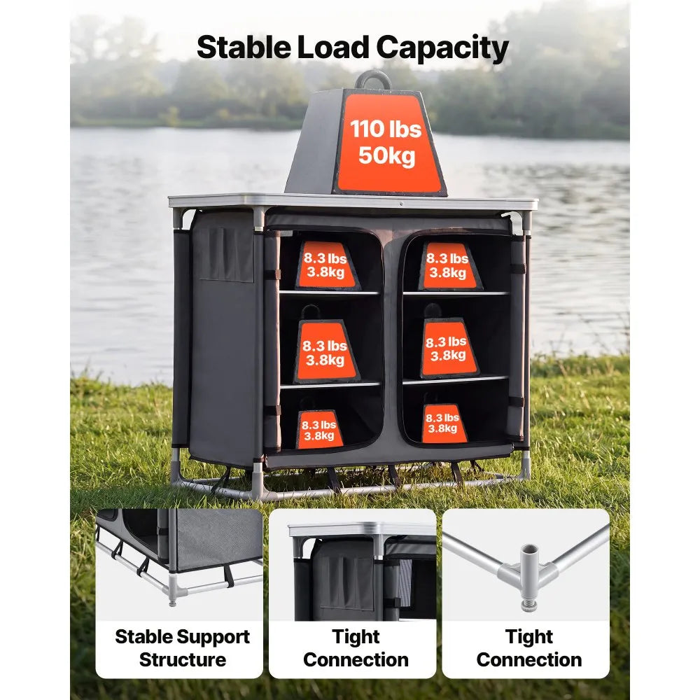 VEVOR Portable Camping Storage Cabinet & Outdoor Kitchen Table with 6 Shelves and Carry Bag
