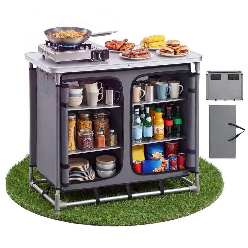 VEVOR Portable Camping Storage Cabinet & Outdoor Kitchen Table with 6 Shelves and Carry Bag