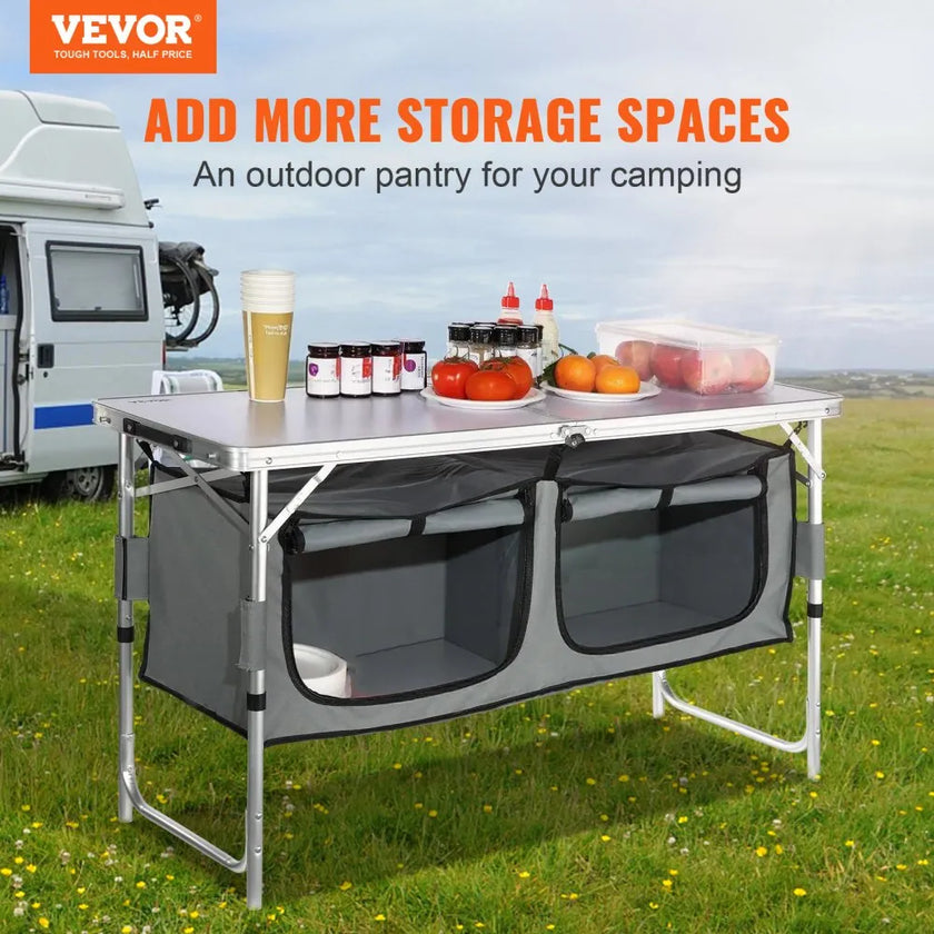 VEVOR Camping Kitchen Table, Quick set-up Folding Camping Table, 3 Adjustable Heights, MDF Camping Table, Ideal for Outdoor Picnics, BBQs, Camping, RV Traveling