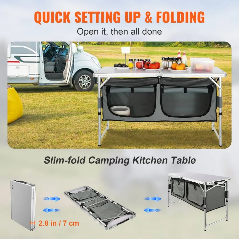 VEVOR Camping Kitchen Table, Quick set-up Folding Camping Table, 3 Adjustable Heights, MDF Camping Table, Ideal for Outdoor Picnics, BBQs, Camping, RV Traveling