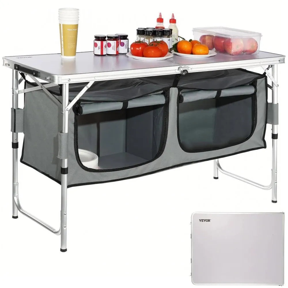 VEVOR Camping Kitchen Table, Quick set-up Folding Camping Table, 3 Adjustable Heights, MDF Camping Table, Ideal for Outdoor Picnics, BBQs, Camping, RV Traveling