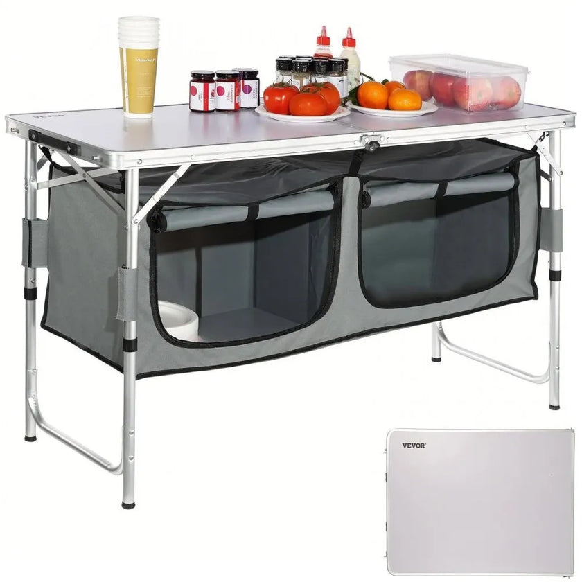VEVOR Camping Kitchen Table, Quick set-up Folding Camping Table, 3 Adjustable Heights, MDF Camping Table, Ideal for Outdoor Picnics, BBQs, Camping, RV Traveling