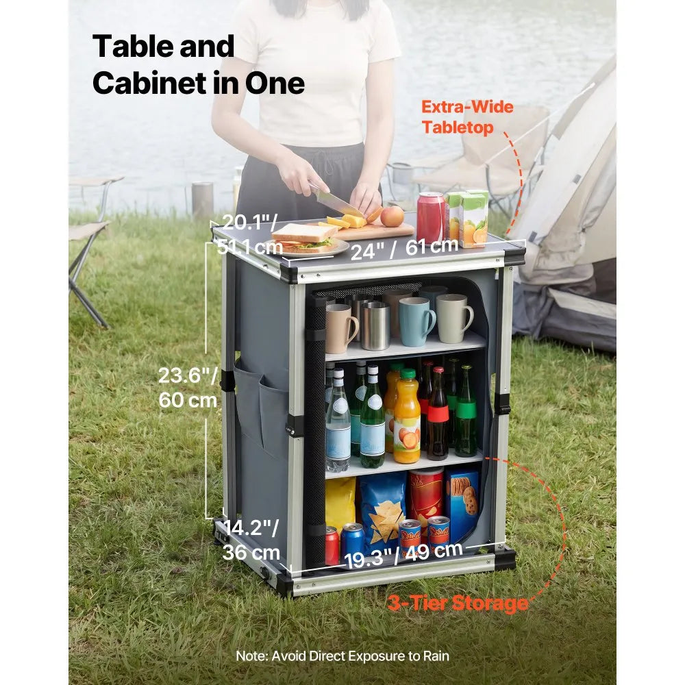 VEVOR Folding Camping Storage Cabinet with 3 Shelves, Portable Outdoor Kitchen Table & Cook Station with Carry Bag