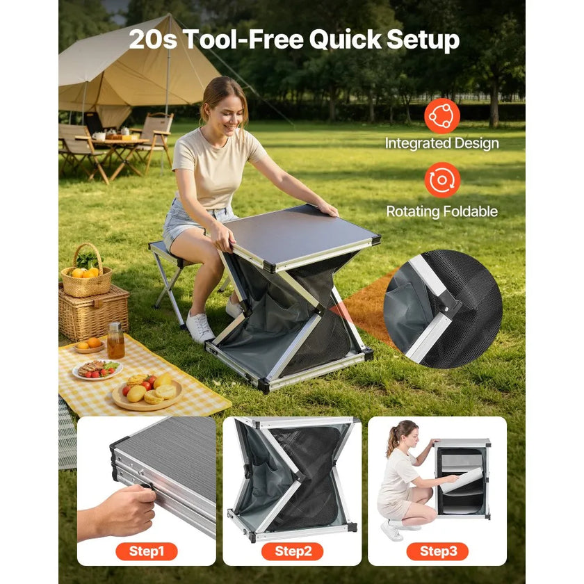 VEVOR Folding Camping Storage Cabinet with 3 Shelves, Portable Outdoor Kitchen Table & Cook Station with Carry Bag