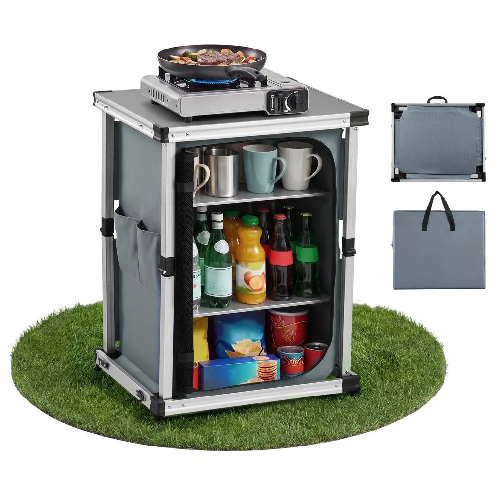 VEVOR Folding Camping Storage Cabinet with 3 Shelves, Portable Outdoor Kitchen Table & Cook Station with Carry Bag