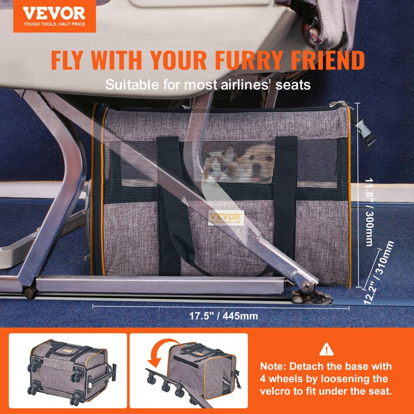 VEVOR Cat Carrier with Wheels, Airline Approved Rolling Pet Carrier with Telescopic Handle and Shoulder Strap, Dog Carrier with Wheels for Pets under 22 lbs, with 1 Folding Bowl, Grey