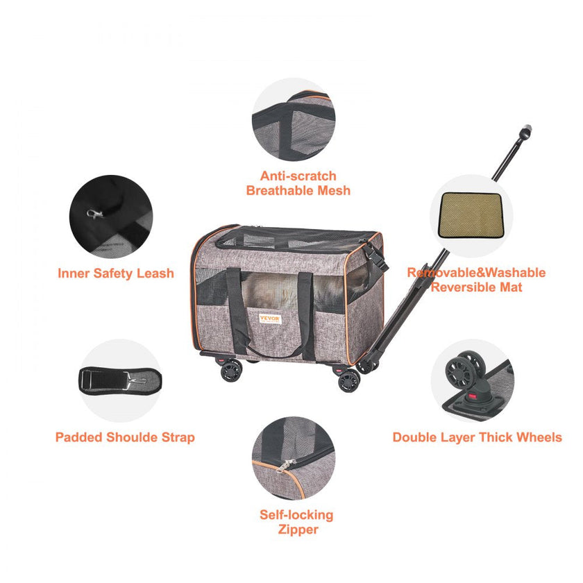 VEVOR Cat Carrier with Wheels, Airline Approved Rolling Pet Carrier with Telescopic Handle and Shoulder Strap, Dog Carrier with Wheels for Pets under 22 lbs, with 1 Folding Bowl, Grey