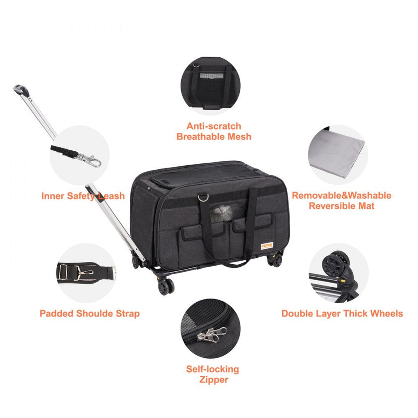 VEVOR Cat Carrier with Wheels, Rolling Pet Carrier with Telescopic Handle and Shoulder Strap, Dog Carrier with Wheels for Pets under 35 lbs, with 1 Folding Bowl, Black