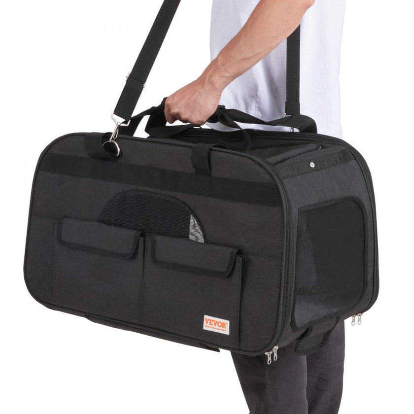 VEVOR Cat Carrier with Wheels, Rolling Pet Carrier with Telescopic Handle and Shoulder Strap, Dog Carrier with Wheels for Pets under 35 lbs, with 1 Folding Bowl, Black