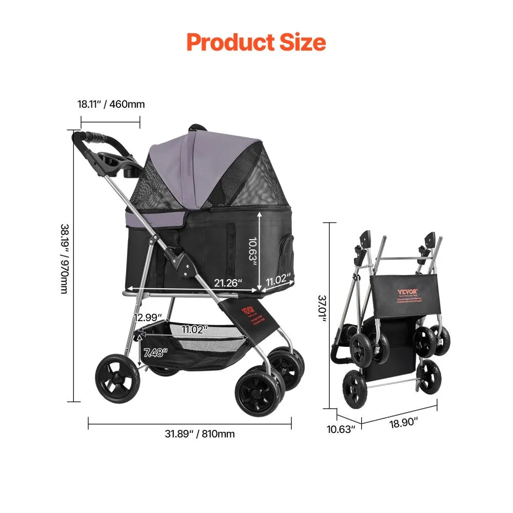 VEVOR Pet Stroller Foldable 4 Wheels Dog Stroller Detachable Carrier up to 35lbs