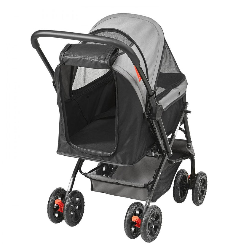 VEVOR Pet Stroller, 4 Wheels Dog Stroller Rotate with Brakes, 44lbs Weight Capacity, Puppy Stroller with Reversible Handlebar, Storage Basket and Zipper, for Dogs and Cats Travel, Black+Grey