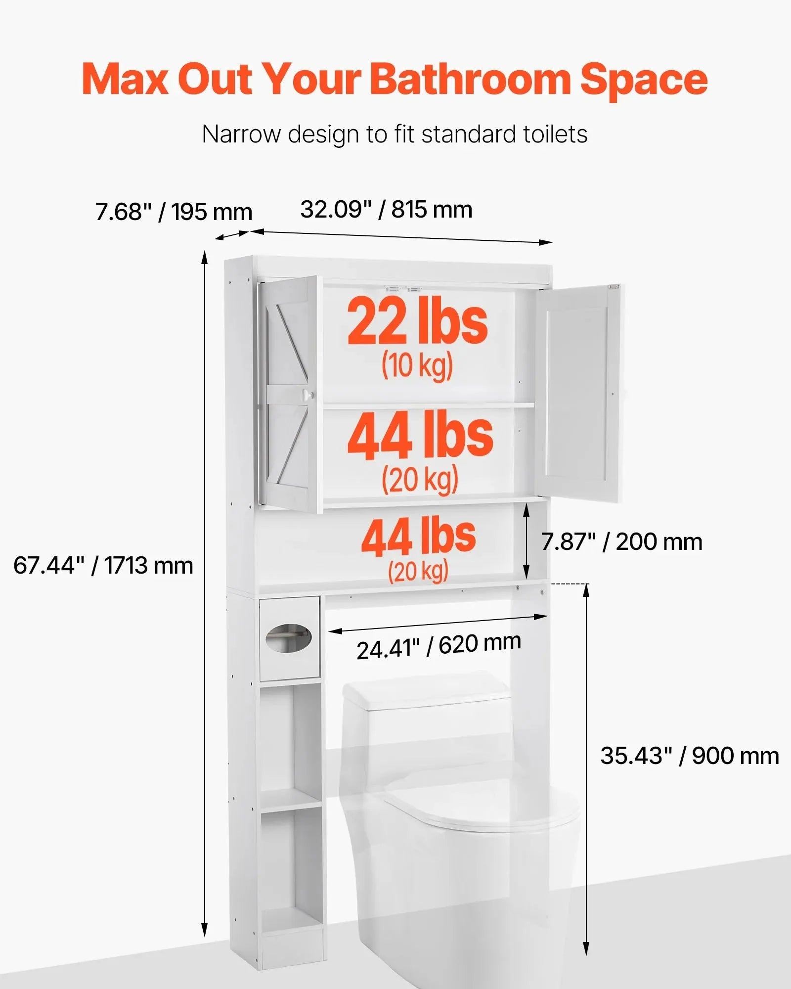 VEVOR Over The Toilet Storage Cabinet, 67.44 in Height Bathroom Storage Organizer with Double Door and Adjustable Shelf, Bathroom Space Saver Organizer Above Toilet with Open Shelf, White