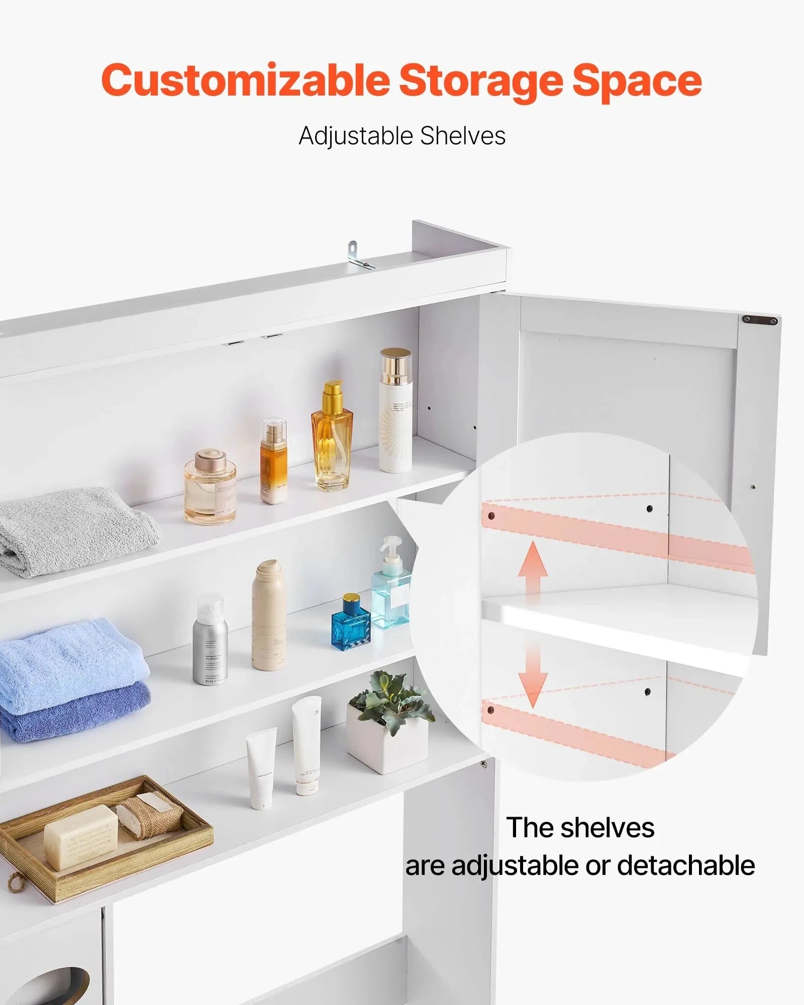 VEVOR Over The Toilet Storage Cabinet, 67.44 in Height Bathroom Storage Organizer with Double Door and Adjustable Shelf, Bathroom Space Saver Organizer Above Toilet with Open Shelf, White